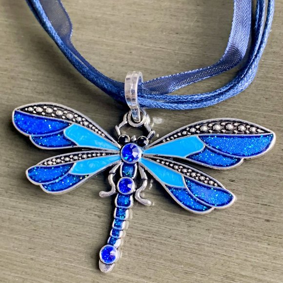 Spring Multicolor Dragonfly Rhinestone Pendant Organza Cord Adjustable Necklace - Picture 6 of 15